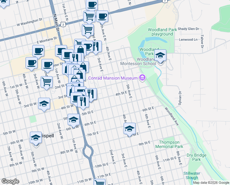 map of restaurants, bars, coffee shops, grocery stores, and more near 305 3rd Avenue East in Kalispell
