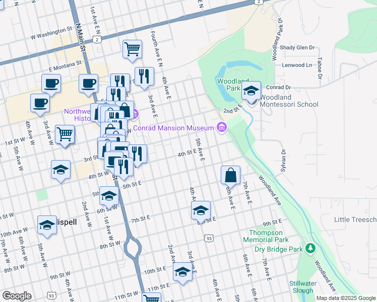 map of restaurants, bars, coffee shops, grocery stores, and more near 345 4th Avenue East in Kalispell