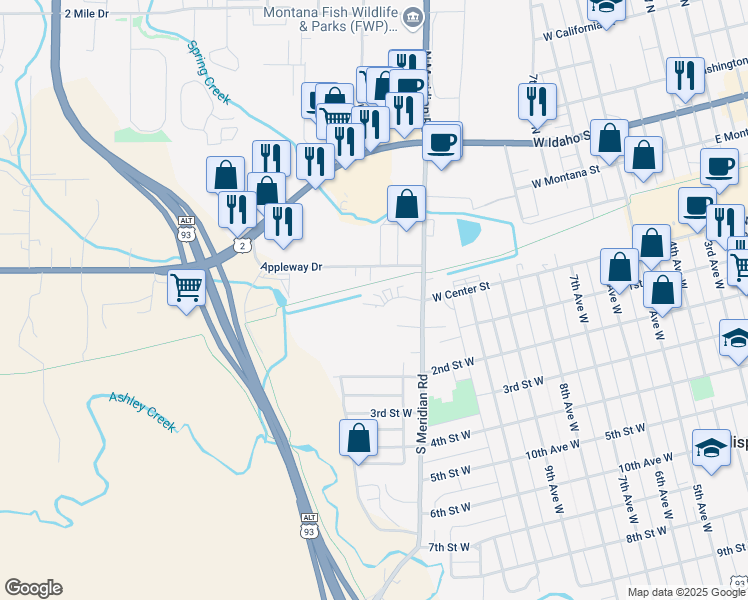 map of restaurants, bars, coffee shops, grocery stores, and more near 21 Appleway Drive in Kalispell