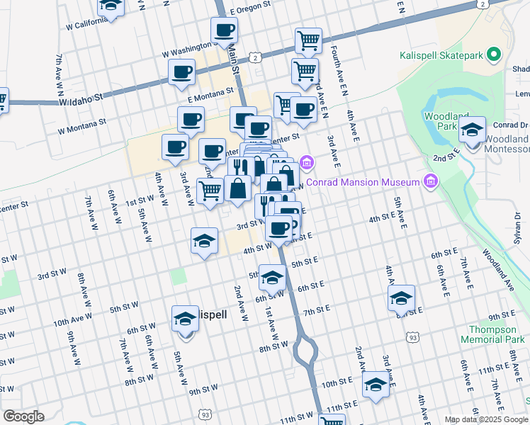 map of restaurants, bars, coffee shops, grocery stores, and more near 214 South Main Street in Kalispell