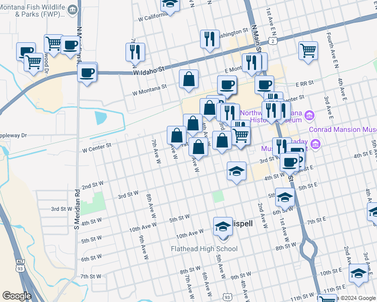 map of restaurants, bars, coffee shops, grocery stores, and more near 112 5th Avenue West in Kalispell