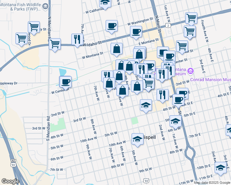 map of restaurants, bars, coffee shops, grocery stores, and more near 112 5th Avenue West in Kalispell