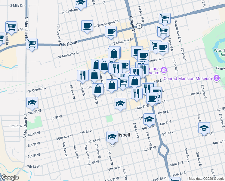 map of restaurants, bars, coffee shops, grocery stores, and more near 146 3rd Avenue West in Kalispell