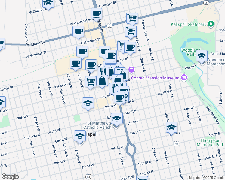 map of restaurants, bars, coffee shops, grocery stores, and more near 214 South Main Street in Kalispell