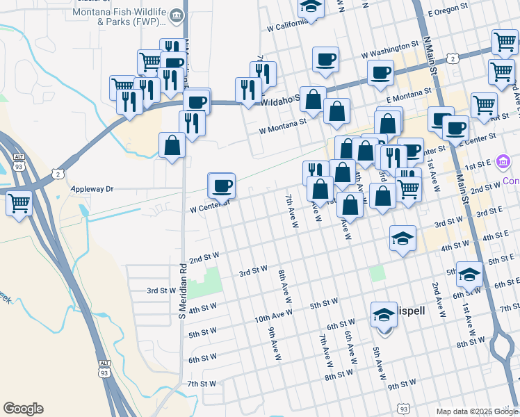 map of restaurants, bars, coffee shops, grocery stores, and more near 9 8th Avenue West in Kalispell