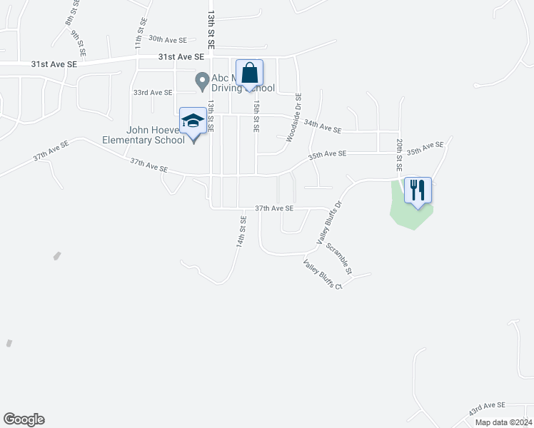 map of restaurants, bars, coffee shops, grocery stores, and more near 1501 Valley Bluffs Drive in Minot