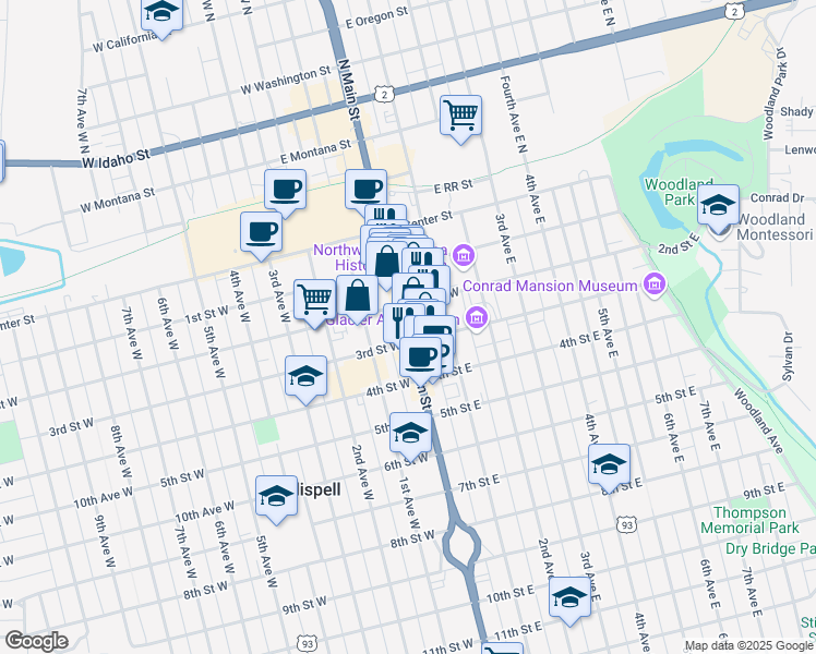 map of restaurants, bars, coffee shops, grocery stores, and more near 223 Main Street in Kalispell