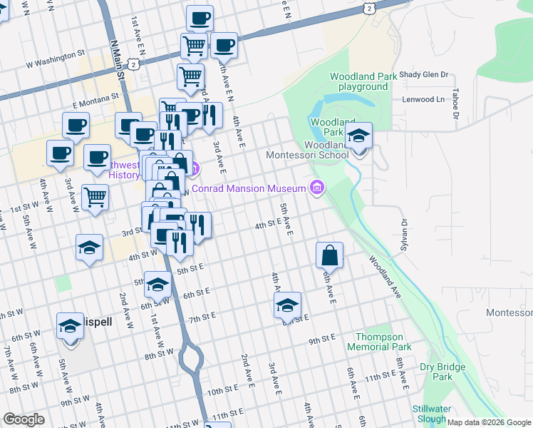 map of restaurants, bars, coffee shops, grocery stores, and more near 319 4th Avenue East in Kalispell