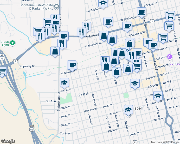 map of restaurants, bars, coffee shops, grocery stores, and more near 9 8th Avenue West in Kalispell