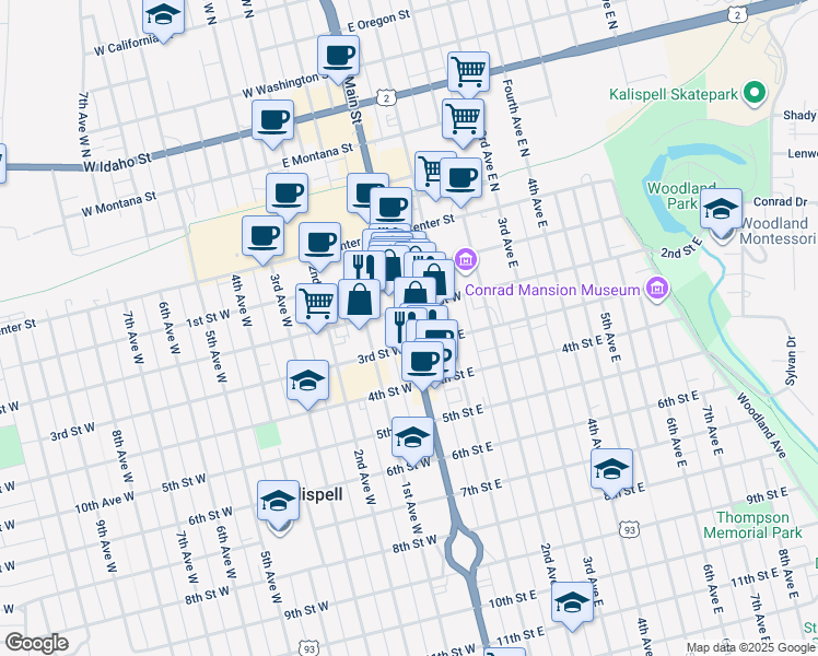 map of restaurants, bars, coffee shops, grocery stores, and more near 223 Main Street in Kalispell