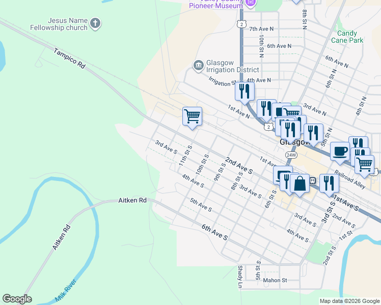 map of restaurants, bars, coffee shops, grocery stores, and more near 1042 3rd Avenue South in Glasgow