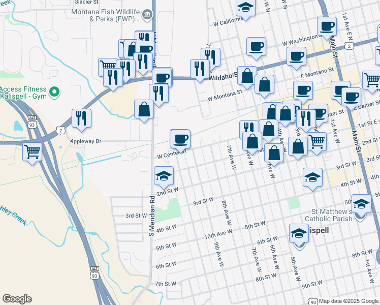 map of restaurants, bars, coffee shops, grocery stores, and more near 2 9th Avenue West in Kalispell