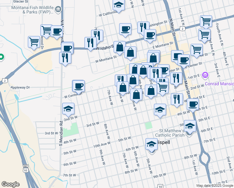 map of restaurants, bars, coffee shops, grocery stores, and more near 38 6th Avenue West in Kalispell