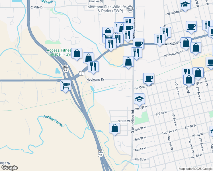 map of restaurants, bars, coffee shops, grocery stores, and more near 39 Appleway Drive in Kalispell