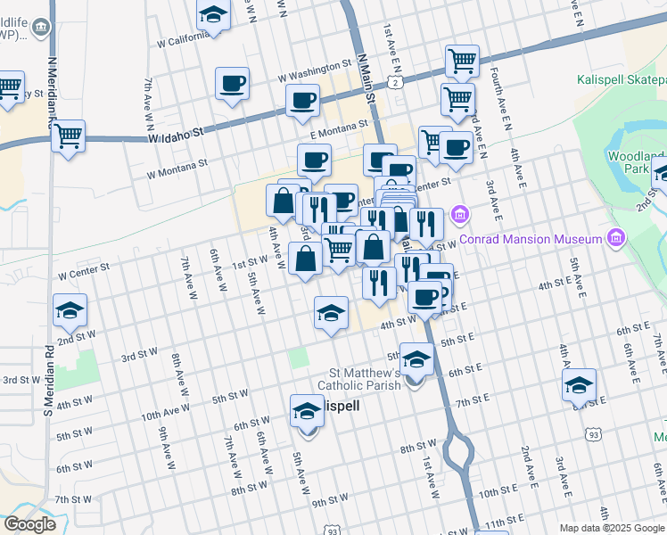 map of restaurants, bars, coffee shops, grocery stores, and more near 233 2nd Street West in Kalispell
