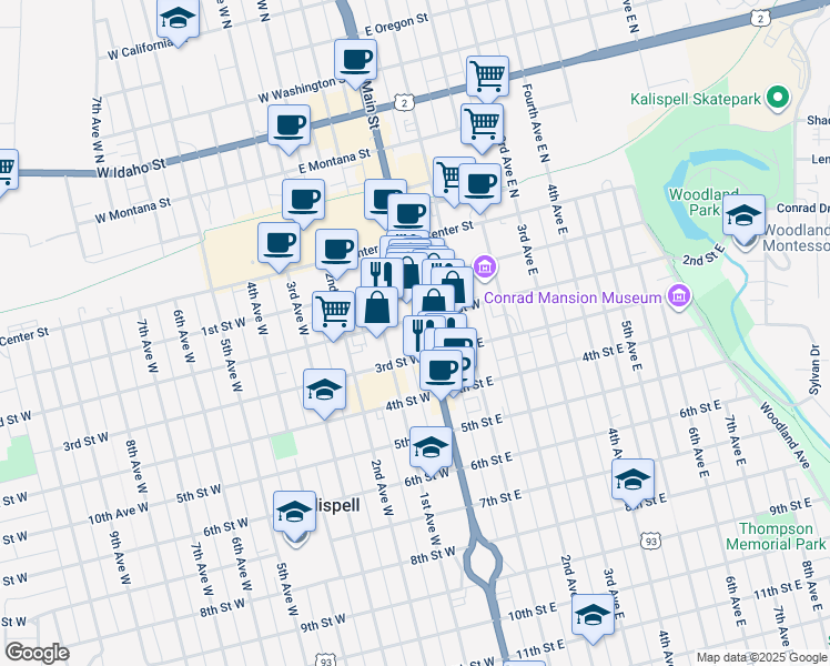 map of restaurants, bars, coffee shops, grocery stores, and more near 214 South Main Street in Kalispell