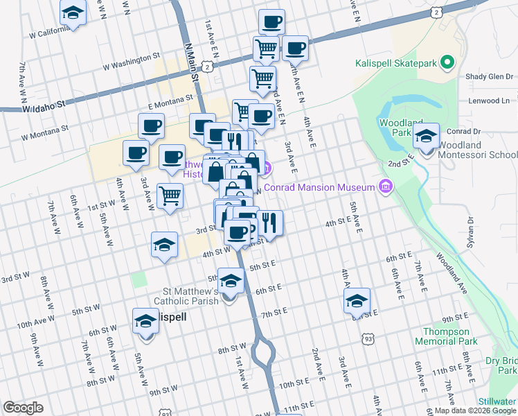 map of restaurants, bars, coffee shops, grocery stores, and more near 233 1st Avenue East in Kalispell