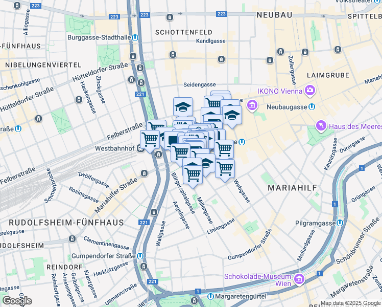map of restaurants, bars, coffee shops, grocery stores, and more near 120 Mariahilfer Straße in Vienna
