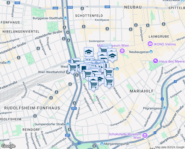 map of restaurants, bars, coffee shops, grocery stores, and more near 120 Mariahilfer Straße in Vienna