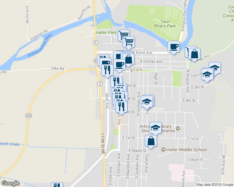 map of restaurants, bars, coffee shops, grocery stores, and more near 414 North Olympic Avenue in Arlington