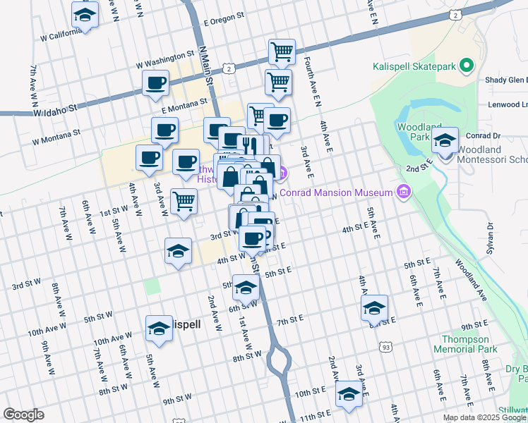 map of restaurants, bars, coffee shops, grocery stores, and more near in Kalispell