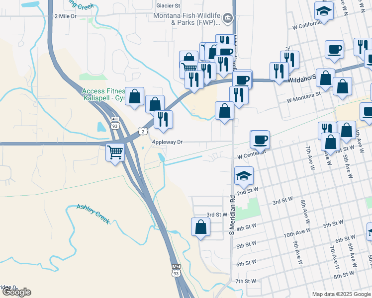 map of restaurants, bars, coffee shops, grocery stores, and more near 39 Appleway Drive in Kalispell