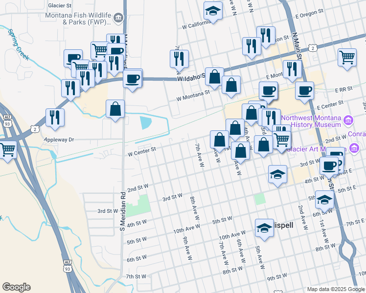 map of restaurants, bars, coffee shops, grocery stores, and more near 9 8th Avenue West in Kalispell