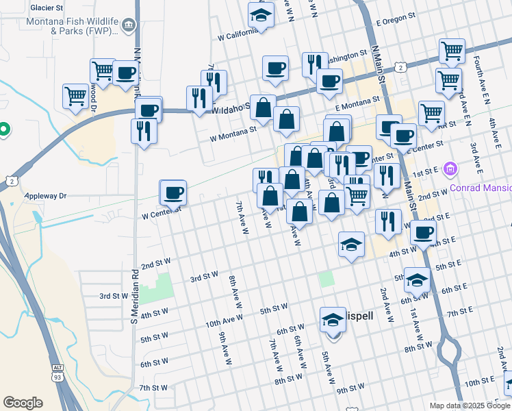 map of restaurants, bars, coffee shops, grocery stores, and more near 38 6th Avenue West in Kalispell