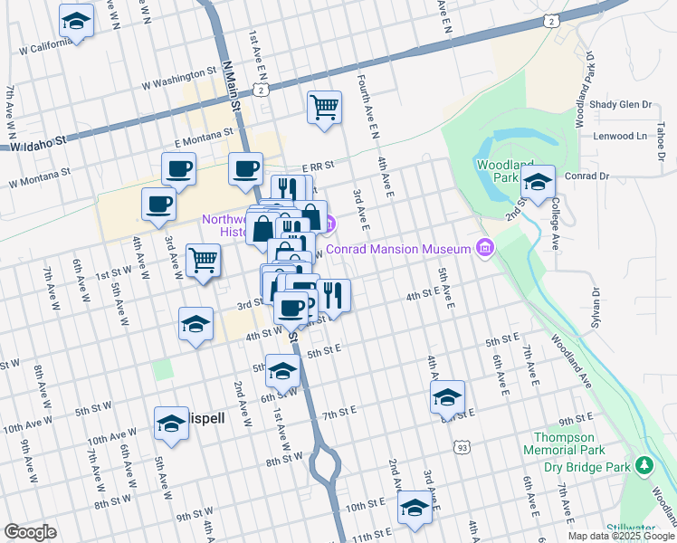 map of restaurants, bars, coffee shops, grocery stores, and more near 228 2nd Avenue East in Kalispell