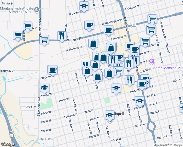 map of restaurants, bars, coffee shops, grocery stores, and more near 36 5th Avenue West in Kalispell