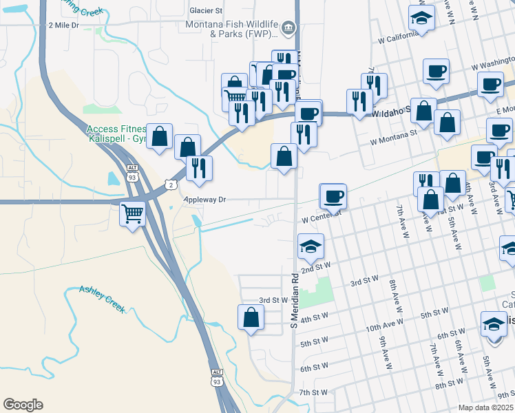map of restaurants, bars, coffee shops, grocery stores, and more near 21 Appleway Drive in Kalispell