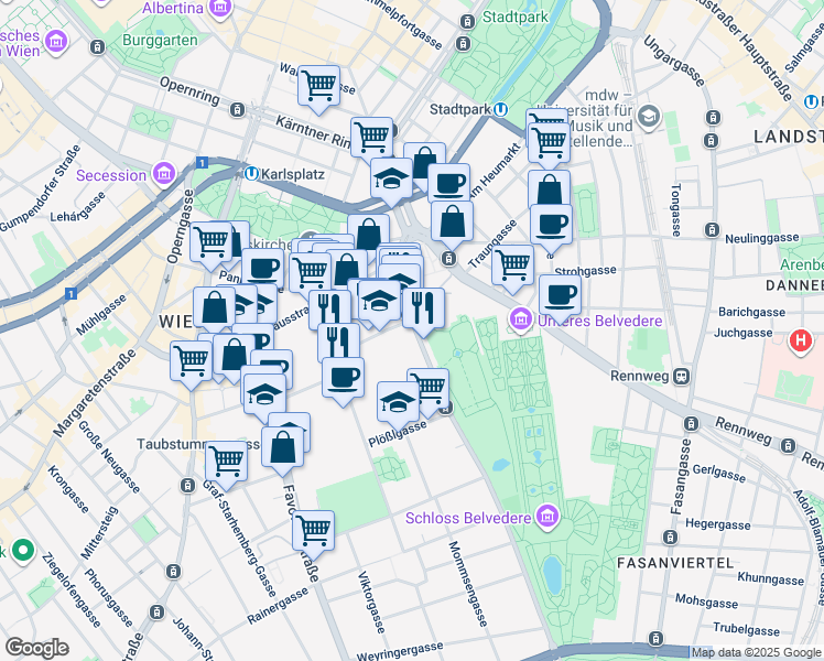 map of restaurants, bars, coffee shops, grocery stores, and more near 8 Prinz Eugen-Straße in Wien