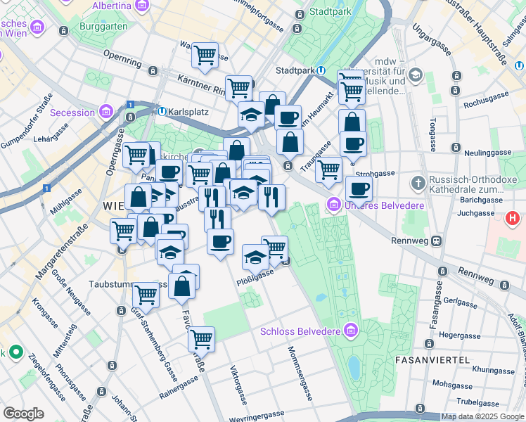 map of restaurants, bars, coffee shops, grocery stores, and more near 8 Prinz Eugen-Straße in Wien
