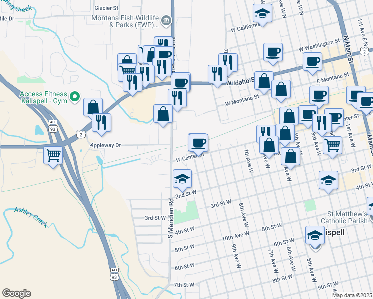 map of restaurants, bars, coffee shops, grocery stores, and more near 1025 West Center Street in Kalispell
