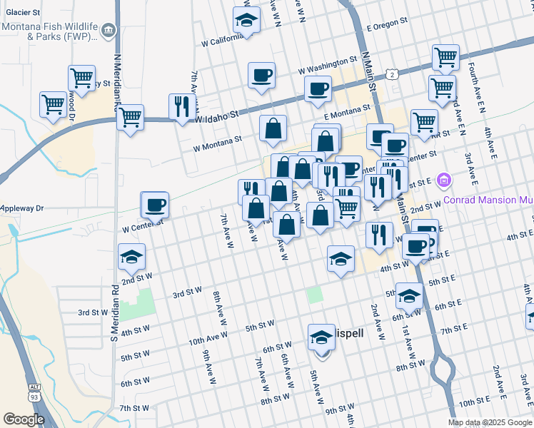 map of restaurants, bars, coffee shops, grocery stores, and more near 36 5th Avenue West in Kalispell