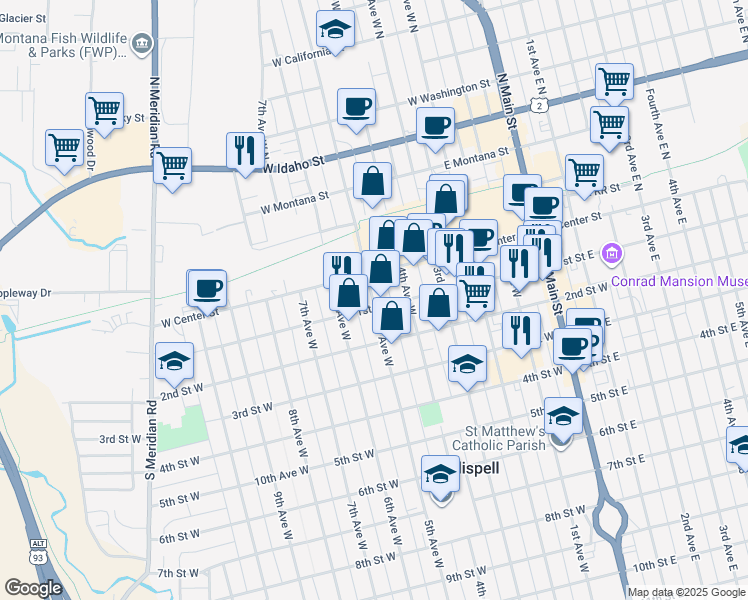 map of restaurants, bars, coffee shops, grocery stores, and more near 46 5th Avenue West in Kalispell