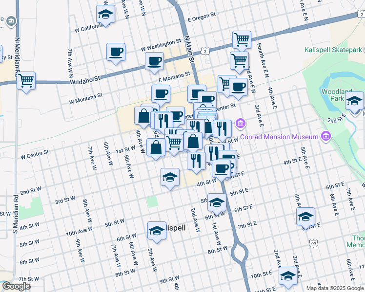 map of restaurants, bars, coffee shops, grocery stores, and more near 140 2nd Avenue West in Kalispell