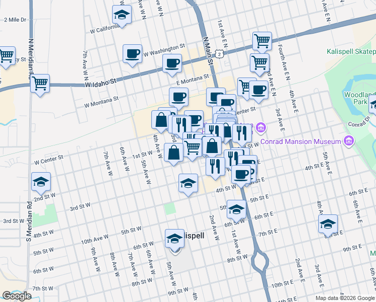 map of restaurants, bars, coffee shops, grocery stores, and more near 140 2nd Avenue West in Kalispell