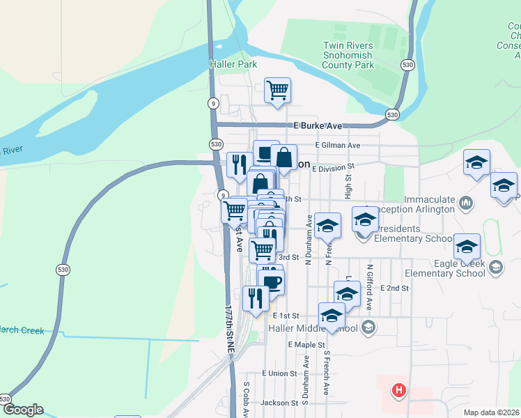 map of restaurants, bars, coffee shops, grocery stores, and more near 426 North Olympic Avenue in Arlington