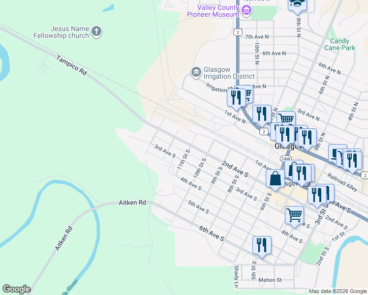 map of restaurants, bars, coffee shops, grocery stores, and more near 1042 3rd Avenue South in Glasgow