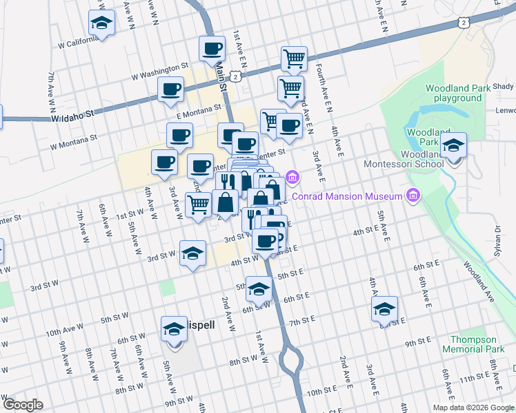 map of restaurants, bars, coffee shops, grocery stores, and more near 322 2nd Street West in Kalispell