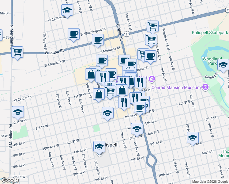 map of restaurants, bars, coffee shops, grocery stores, and more near 140 2nd Avenue West in Kalispell