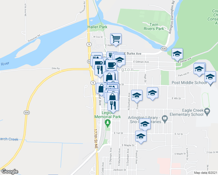 map of restaurants, bars, coffee shops, grocery stores, and more near 430 North Olympic Avenue in Arlington