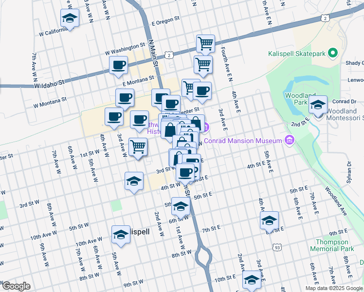 map of restaurants, bars, coffee shops, grocery stores, and more near in Kalispell