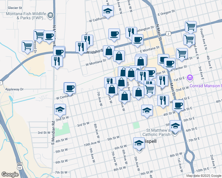 map of restaurants, bars, coffee shops, grocery stores, and more near 38 6th Avenue West in Kalispell