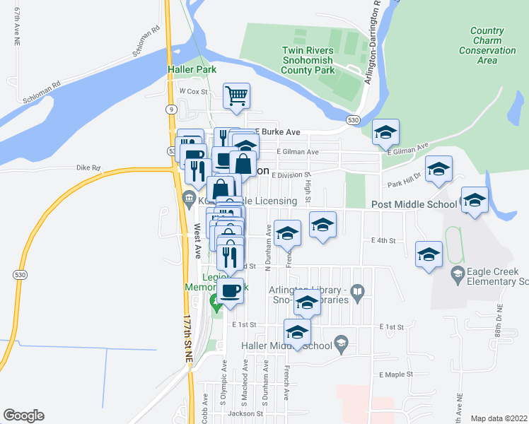 map of restaurants, bars, coffee shops, grocery stores, and more near 440 North Dunham Avenue in Arlington