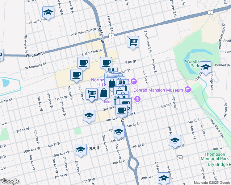 map of restaurants, bars, coffee shops, grocery stores, and more near North Main Street in Kalispell
