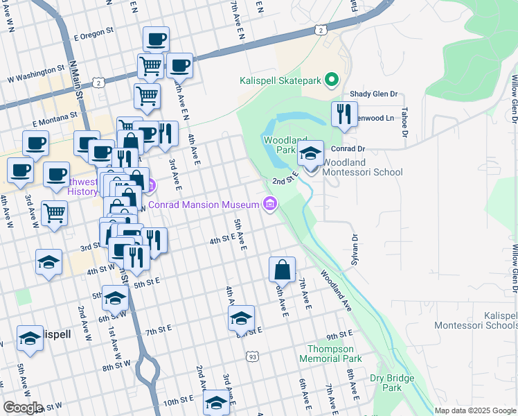 map of restaurants, bars, coffee shops, grocery stores, and more near 313 6th Avenue East in Kalispell