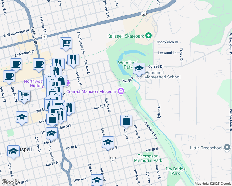 map of restaurants, bars, coffee shops, grocery stores, and more near 313 6th Avenue East in Kalispell