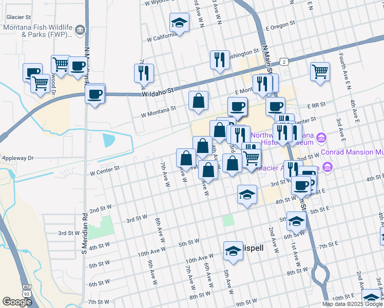 map of restaurants, bars, coffee shops, grocery stores, and more near 22 5th Avenue West in Kalispell